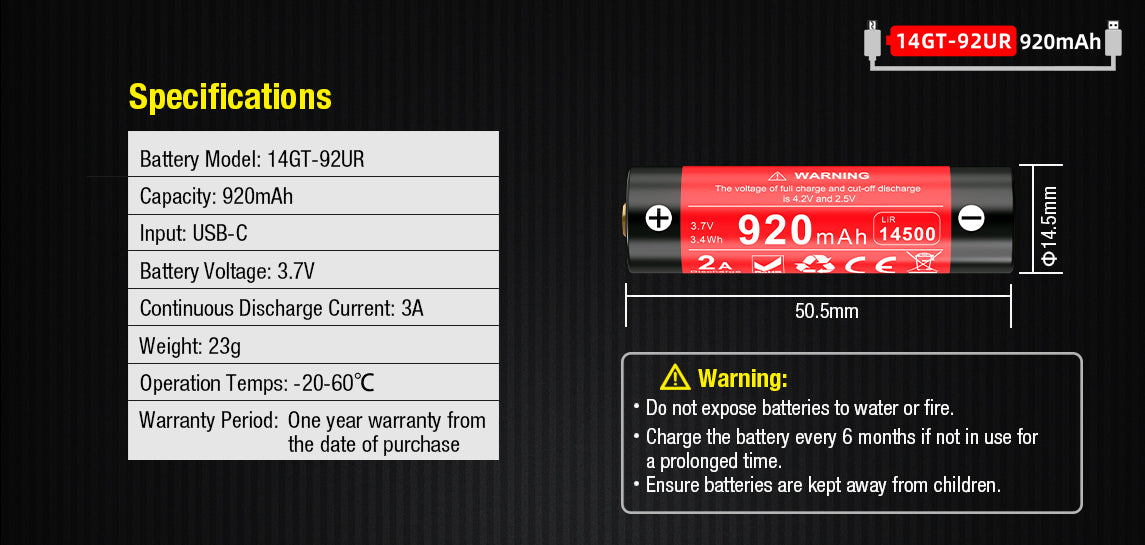 “Klarus 14500 920mAh Micro-USB rechargeable Li-ion battery for flashlights”