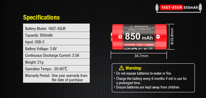 “Klarus 16340 850mAh USB rechargeable battery – Li-ion flashlight battery with built-in USB port”