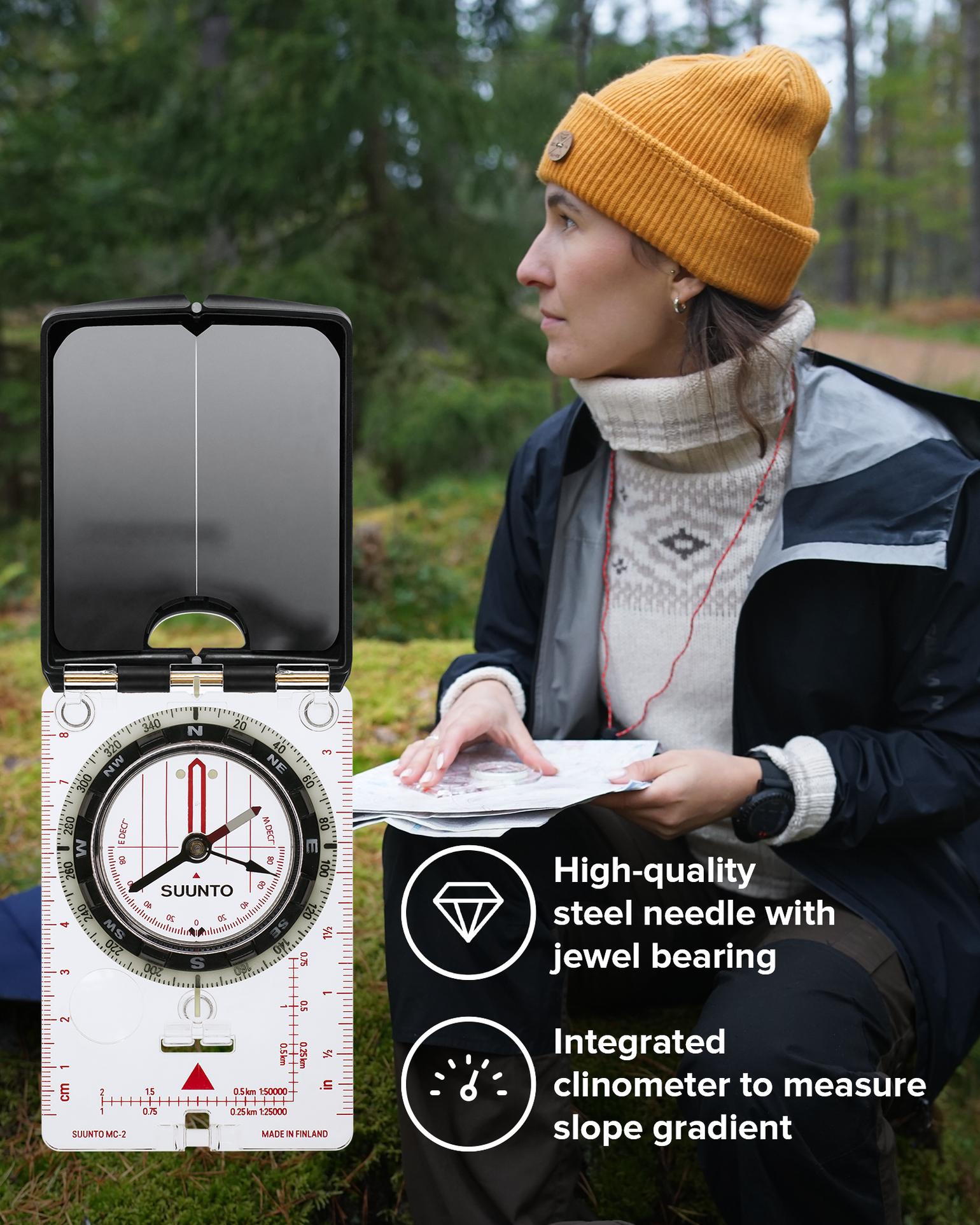 Suunto MC-2 NH mirror compass with sighting mirror and declination adjustment for accurate outdoor navigation