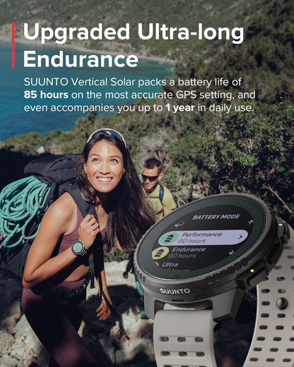 Suunto Vertical Sports Watch with GPS navigation, solar charging, and durable outdoor design for cycling and fitness tracking