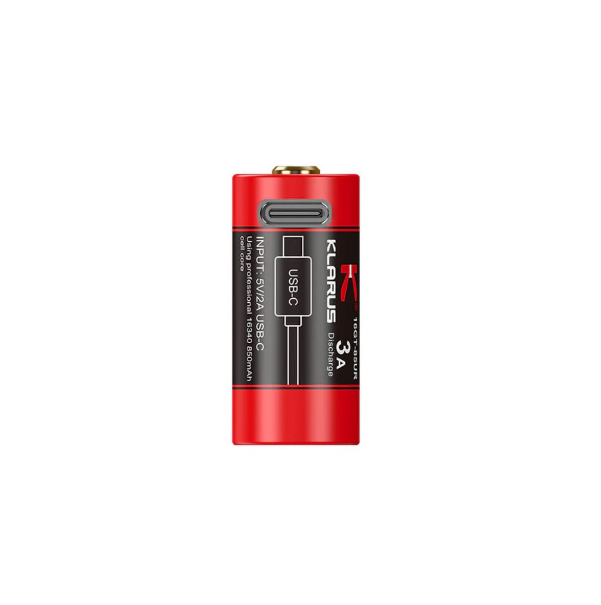 “Klarus 16340 850mAh USB rechargeable battery – Li-ion flashlight battery with built-in USB port”