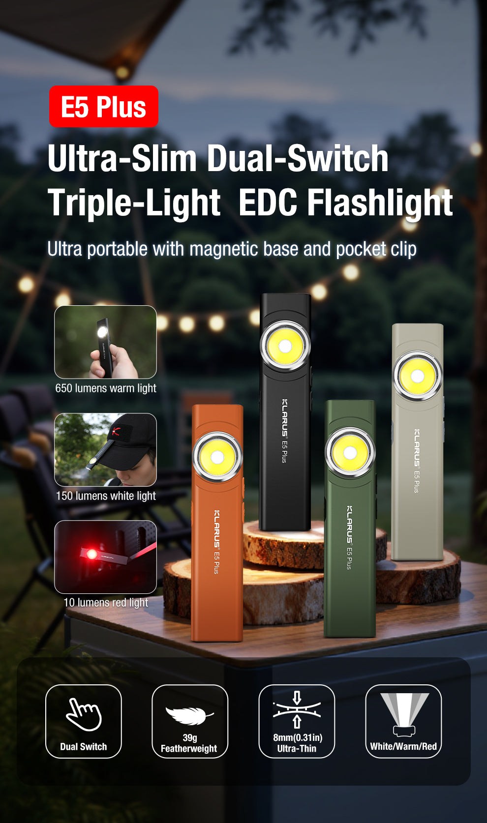 “Klarus E5 Plus ultra-slim tactical EDC flashlight – Compact everyday carry torch”