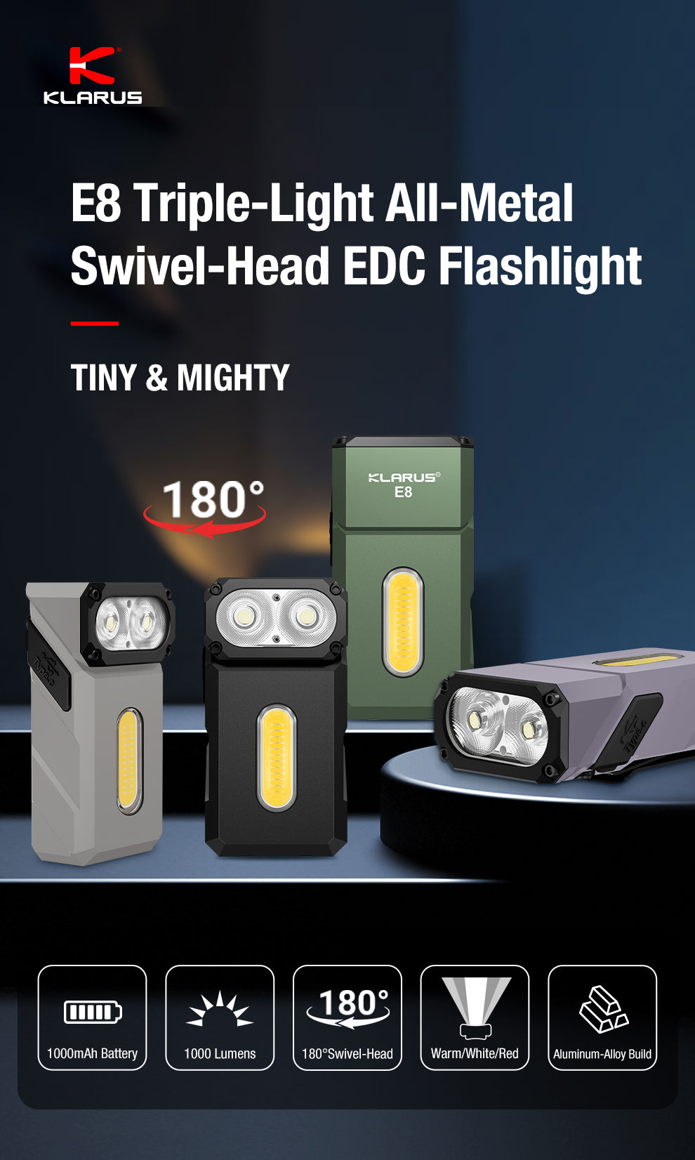 “Klarus E8 triple light tactical EDC flashlight – Compact versatile everyday carry torch”