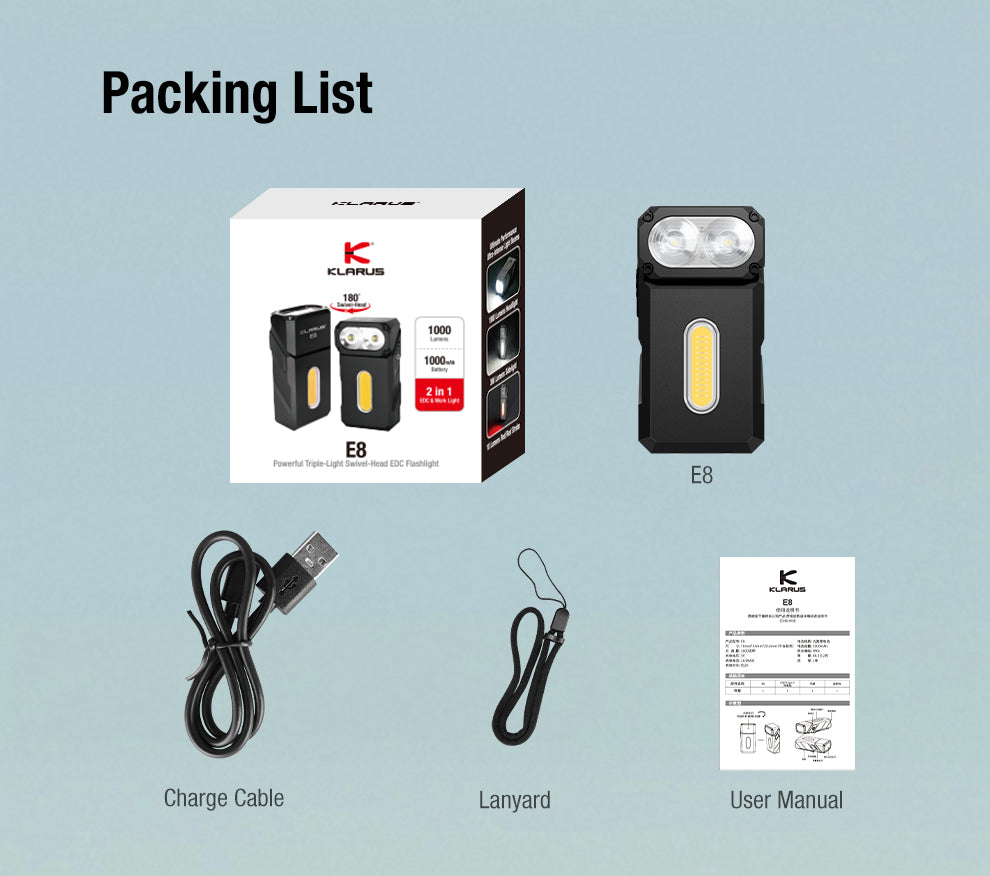 “Klarus E8 triple light tactical EDC flashlight – Compact versatile everyday carry torch”