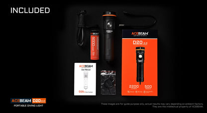 Acebeam D20 2.0 waterproof rechargeable dive flashlight with 2200 lumens brightness for underwater and marine use