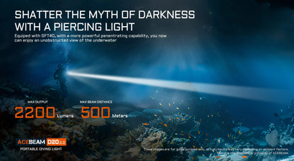 Acebeam D20 2.0 waterproof rechargeable dive flashlight with 2200 lumens brightness for underwater and marine use