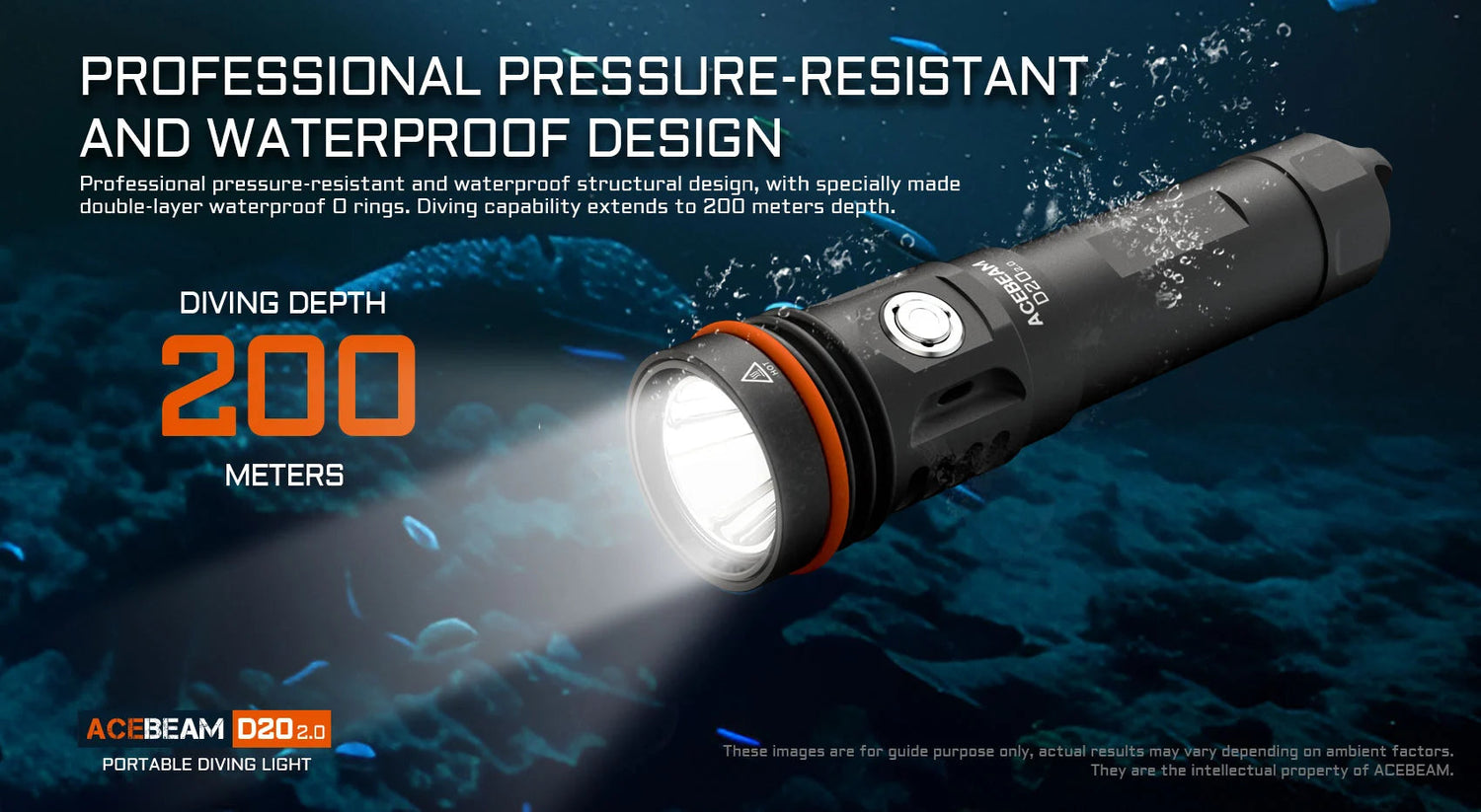Acebeam D20 2.0 waterproof rechargeable dive flashlight with 2200 lumens brightness for underwater and marine use