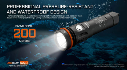 Acebeam D20 2.0 waterproof rechargeable dive flashlight with 2200 lumens brightness for underwater and marine use