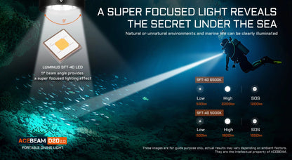 Acebeam D20 2.0 waterproof rechargeable dive flashlight with 2200 lumens brightness for underwater and marine use