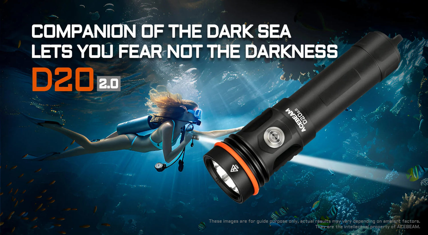 Acebeam D20 2.0 waterproof rechargeable dive flashlight with 2200 lumens brightness for underwater and marine use
