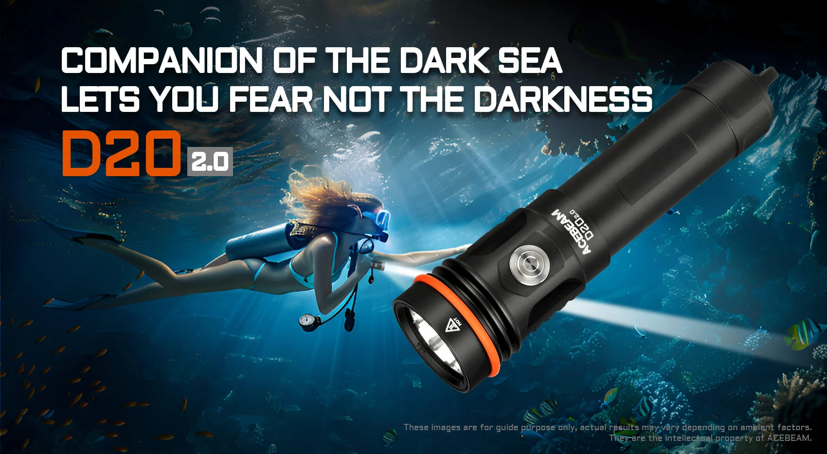Acebeam D20 2.0 waterproof rechargeable dive flashlight with 2200 lumens brightness for underwater and marine use
