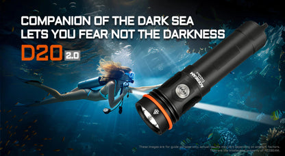 Acebeam D20 2.0 waterproof rechargeable dive flashlight with 2200 lumens brightness for underwater and marine use