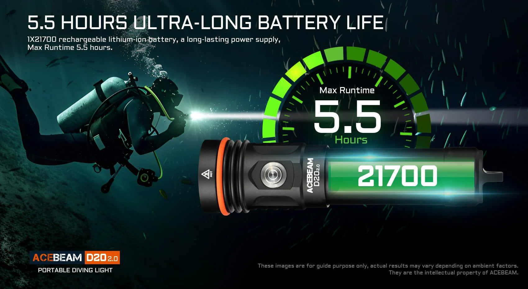 Acebeam D20 2.0 waterproof rechargeable dive flashlight with 2200 lumens brightness for underwater and marine use