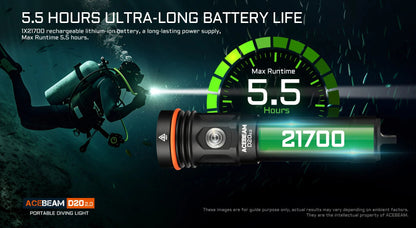 Acebeam D20 2.0 waterproof rechargeable dive flashlight with 2200 lumens brightness for underwater and marine use