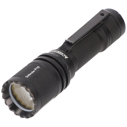 Acebeam Defender P16 black tactical rechargeable LED flashlight with 1800 lumens brightness for defense, duty, and outdoor lighting