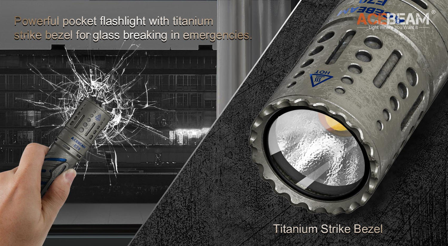 Acebeam E70-TI titanium EDC LED flashlight with 3750 lumens brightness for everyday carry and outdoor professional use