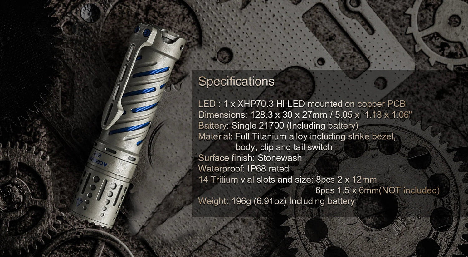 Acebeam E70-TI titanium EDC LED flashlight with 3750 lumens brightness for everyday carry and outdoor professional use