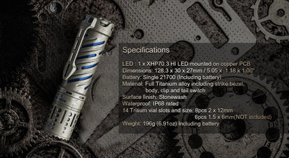 Acebeam E70-TI titanium EDC LED flashlight with 3750 lumens brightness for everyday carry and outdoor professional use