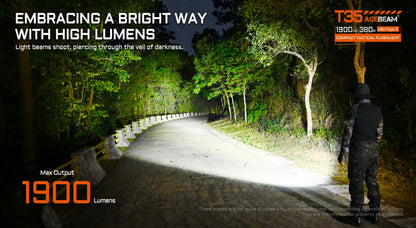 Acebeam T35 compact rechargeable tactical flashlight with 1900 lumens brightness for duty, defense, and outdoor use