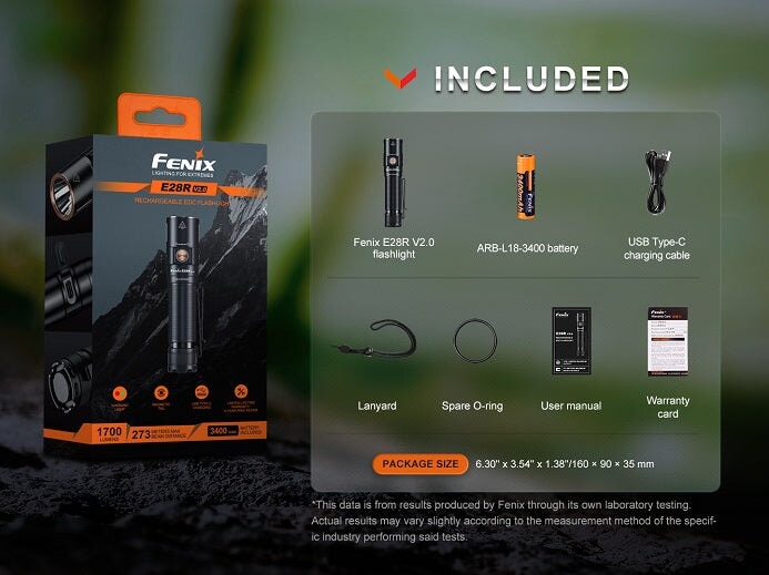 Fenix E28R V2 rechargeable EDC LED flashlight with 1700 lumens brightness for everyday carry, work, and outdoor lighting