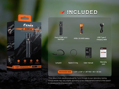 Fenix E28R V2 rechargeable EDC LED flashlight with 1700 lumens brightness for everyday carry, work, and outdoor lighting