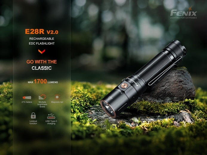 Fenix E28R V2 rechargeable EDC LED flashlight with 1700 lumens brightness for everyday carry, work, and outdoor lighting