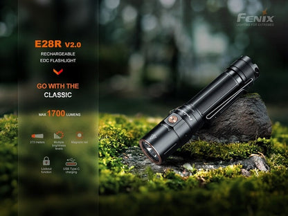 Fenix E28R V2 rechargeable EDC LED flashlight with 1700 lumens brightness for everyday carry, work, and outdoor lighting