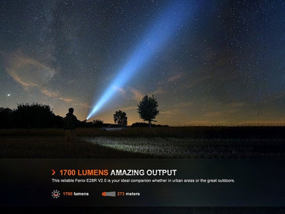Fenix E28R V2 rechargeable EDC LED flashlight with 1700 lumens brightness for everyday carry, work, and outdoor lighting