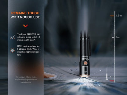 Fenix E28R V2 rechargeable EDC LED flashlight with 1700 lumens brightness for everyday carry, work, and outdoor lighting