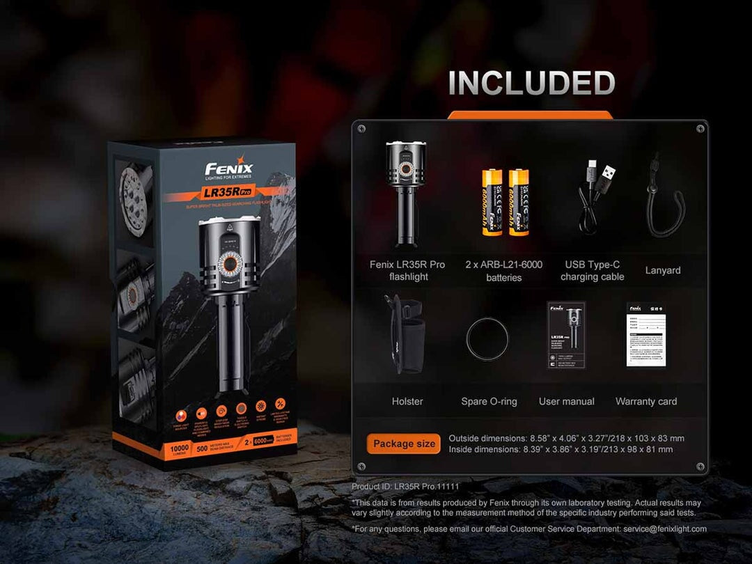 Fenix LR35R Pro rechargeable LED flashlight with 10,000 lumens brightness for tactical and outdoor applications