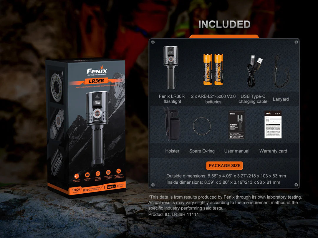 Fenix LR36R white laser search flashlight with 10,000 lumens brightness for rescue and professional outdoor lighting