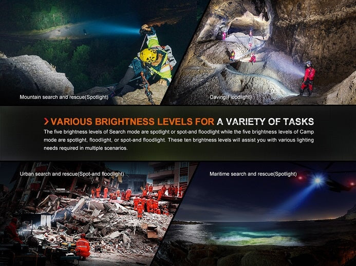 Fenix LR60R powerful rechargeable LED flashlight with 21,000 lumens brightness for search, rescue, and professional applications