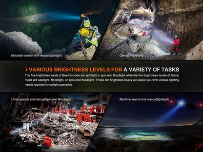 Fenix LR60R powerful rechargeable LED flashlight with 21,000 lumens brightness for search, rescue, and professional applications