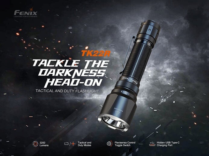 Fenix TK22R rechargeable tactical and duty LED flashlight with 3200 lumens brightness for law enforcement and outdoor use