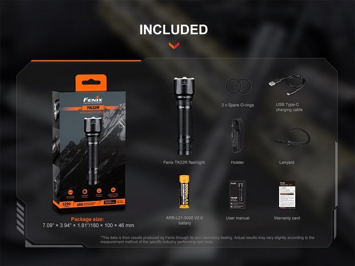 Fenix TK22R rechargeable tactical and duty LED flashlight with 3200 lumens brightness for law enforcement and outdoor use