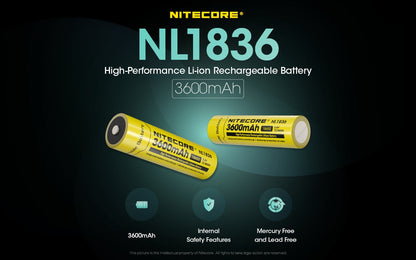 Nitecore NL1836 18650 Li-ion rechargeable 3600mAh battery for flashlights, headlamps, and portable electronic devices
