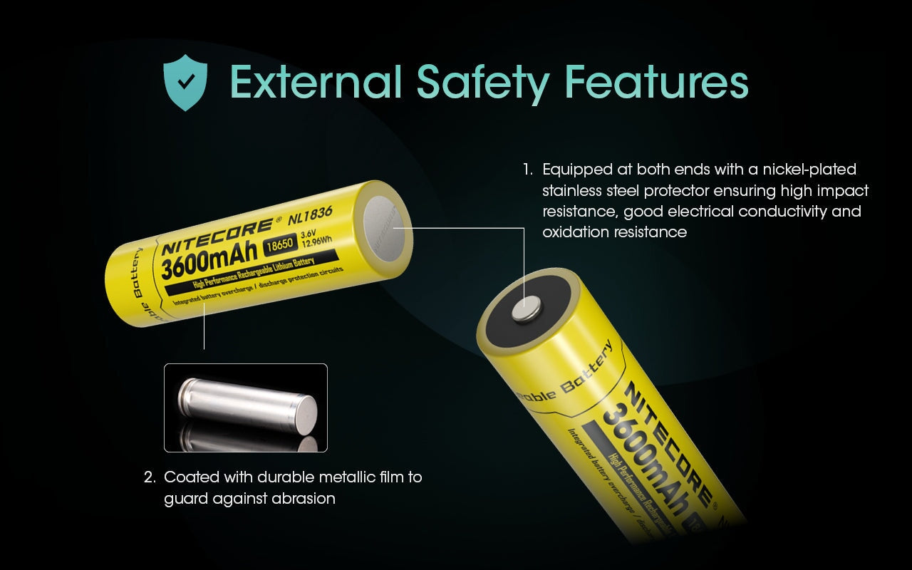 Nitecore NL1836 18650 Li-ion rechargeable 3600mAh battery for flashlights, headlamps, and portable electronic devices