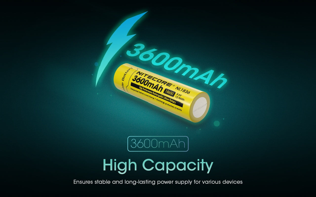 Nitecore NL1836 18650 Li-ion rechargeable 3600mAh battery for flashlights, headlamps, and portable electronic devices