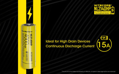 Nitecore NL2140HP 21700 4000mAh high-drain rechargeable Li-ion battery for flashlights, headlamps, and electronic devices