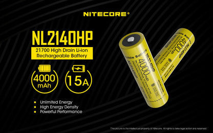 Nitecore NL2140HP 21700 4000mAh high-drain rechargeable Li-ion battery for flashlights, headlamps, and electronic devices