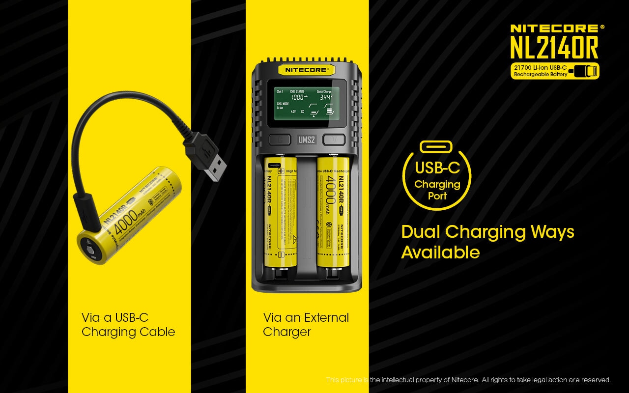 Nitecore NL2140R 21700 4000mAh USB-C rechargeable Li-ion battery for flashlights, headlamps, and high-performance electronic devices