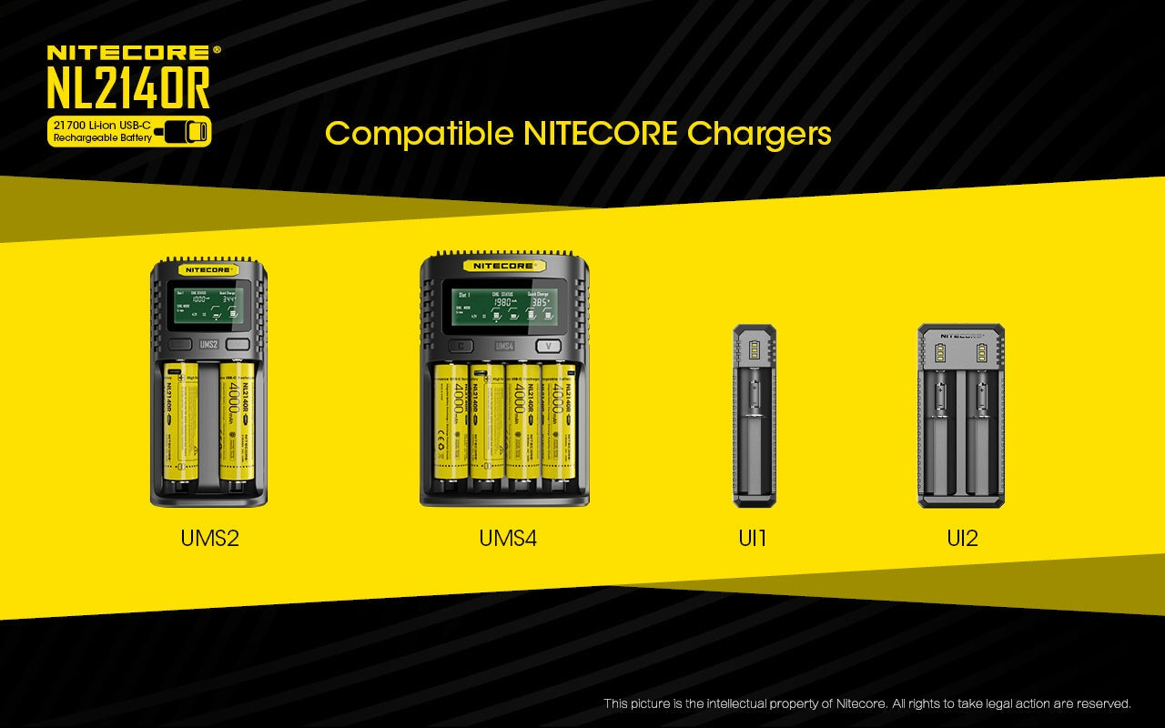 Nitecore NL2140R 21700 4000mAh USB-C rechargeable Li-ion battery for flashlights, headlamps, and high-performance electronic devices