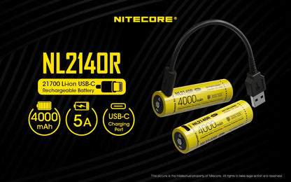 Nitecore NL2140R 21700 4000mAh USB-C rechargeable Li-ion battery for flashlights, headlamps, and high-performance electronic devices