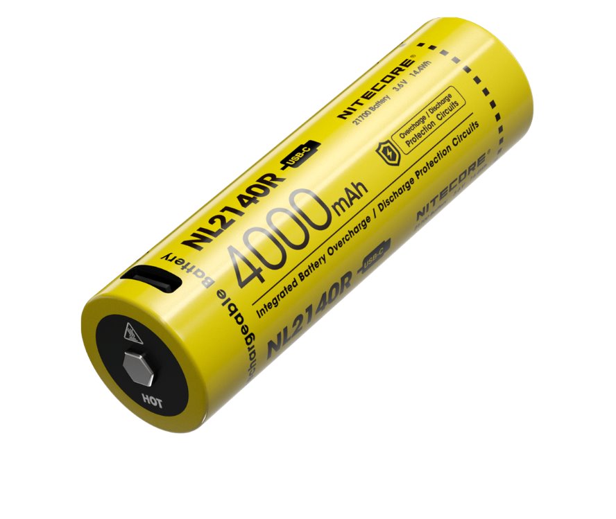 Nitecore NL2140R 21700 4000mAh USB-C rechargeable Li-ion battery for flashlights, headlamps, and high-performance electronic devices