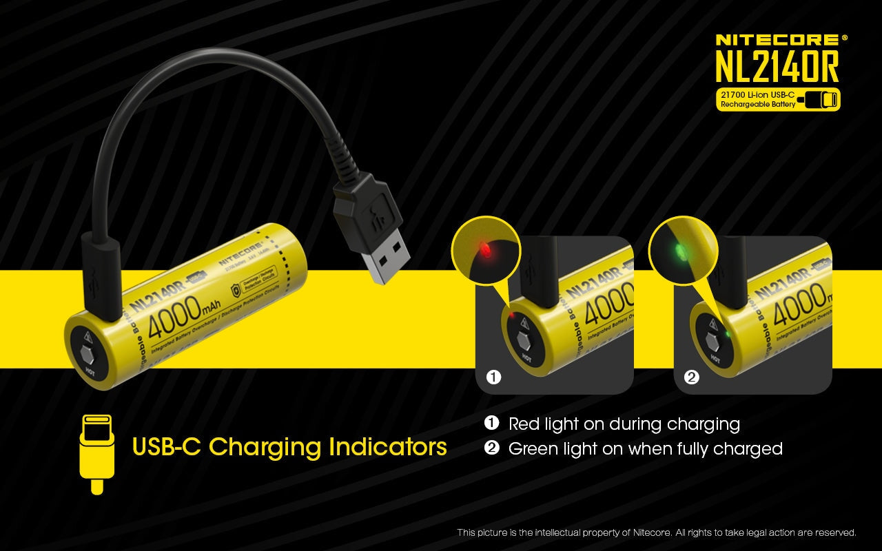 Nitecore NL2140R 21700 4000mAh USB-C rechargeable Li-ion battery for flashlights, headlamps, and high-performance electronic devices