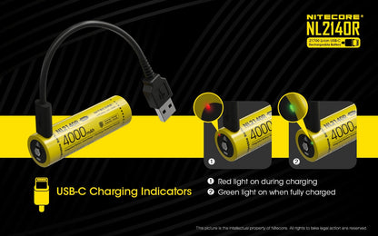 Nitecore NL2140R 21700 4000mAh USB-C rechargeable Li-ion battery for flashlights, headlamps, and high-performance electronic devices
