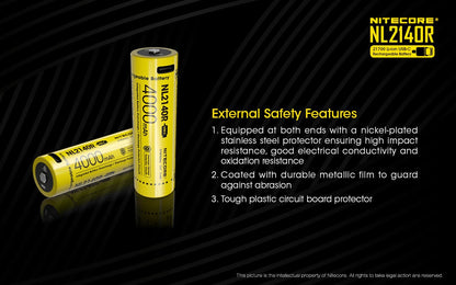 Nitecore NL2140R 21700 4000mAh USB-C rechargeable Li-ion battery for flashlights, headlamps, and high-performance electronic devices