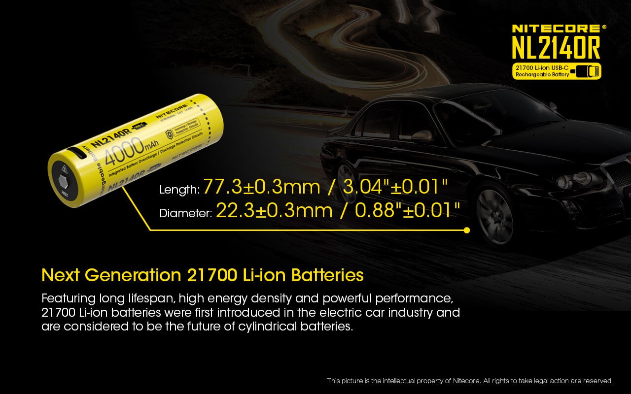 Nitecore NL2140R 21700 4000mAh USB-C rechargeable Li-ion battery for flashlights, headlamps, and high-performance electronic devices
