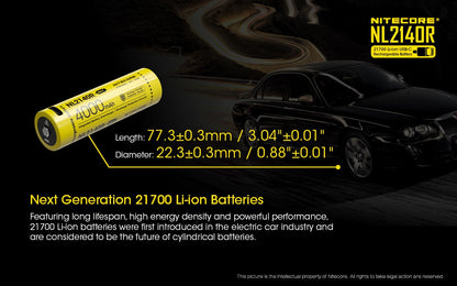 Nitecore NL2140R 21700 4000mAh USB-C rechargeable Li-ion battery for flashlights, headlamps, and high-performance electronic devices