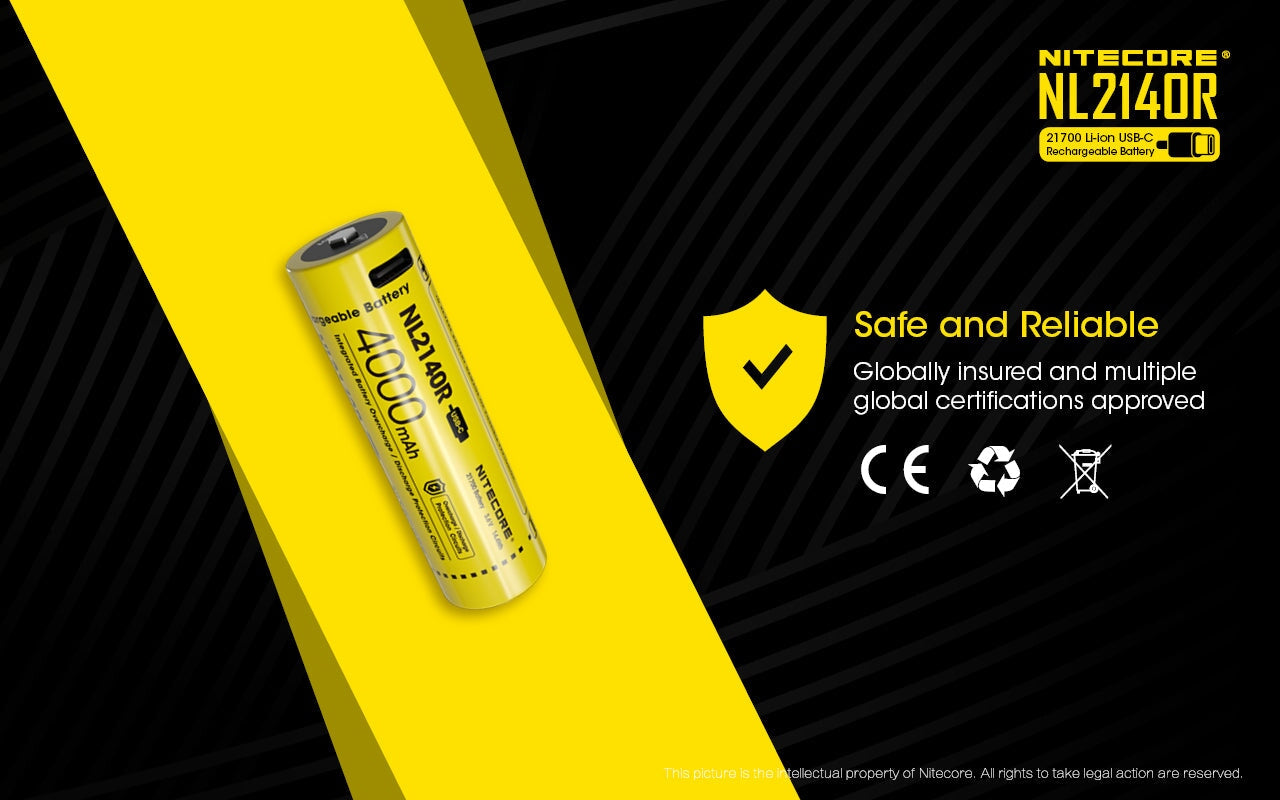 Nitecore NL2140R 21700 4000mAh USB-C rechargeable Li-ion battery for flashlights, headlamps, and high-performance electronic devices